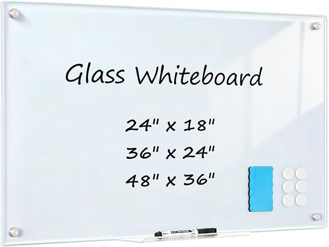 Glass Magnetic Dry Erase Board, 24" x 18" （2'x1.5'） Tempered Glass Whiteboard Wall Mounted Small White Board for Home, Office, School