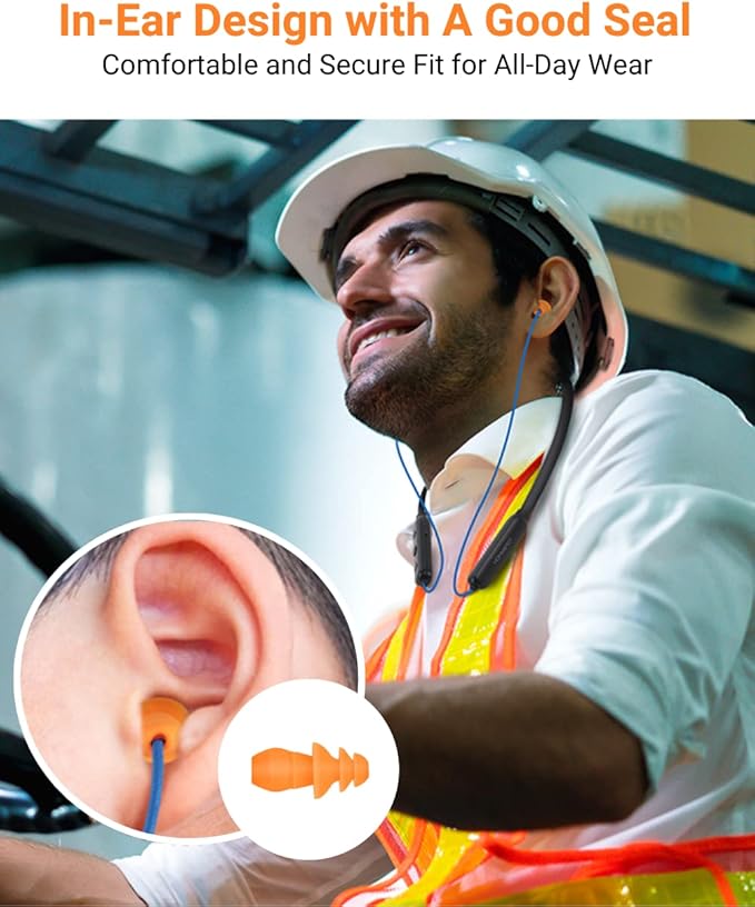 HomeSpot Noise Reduction Wireless Neckband Headphones with Qualcomm aptX HD, 27dB NRR, CVC Noise Cancelling Mic & Controls and 20H Playtime for Work Safety OSHA Compliant - Blue Wire Orange Earbuds
