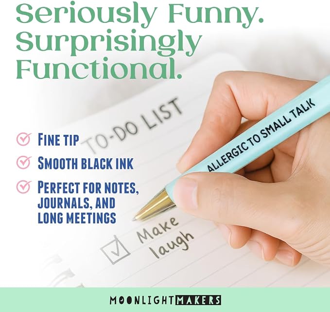 Moonlight Makers - Set of 5 Ballpoint Pens Black Ink- Engraved Funny Pens for Adults - Antisocial Social Club Adult Gifts - Ideal Desk Decor for Work & Office Desk - Cute Packaging, Handy Clips
