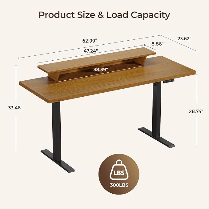63 x 24 Inches Electric Standing Up Desk with Monitor Shelves,Height Adjustable Computer Desk from 28-46''with Memory Controller,Modern Home Office Desk for Work,Study,Oak Brown