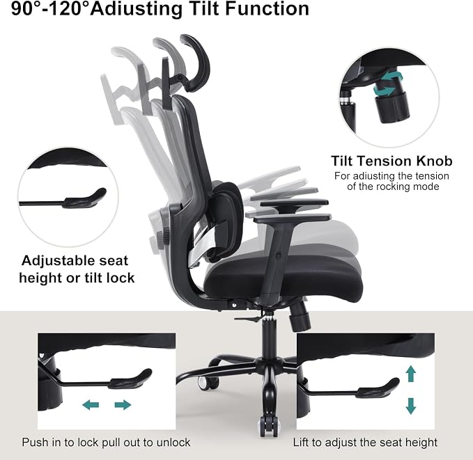 Office Chair Ergonomic Desk Chairs with Adjustable Lumbar Support & Headrest, Mesh High Back Home Office Desk Chairs with Adjustable Height Armrests, Comfy Swivel Task Computer Chair