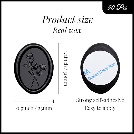 UNIQOOO Wax Seal Stickers - 3D Flower Oval Shape Wedding Invitation Envelope Seal Stickers, 50 Pcs Self- Adhesive Black Stickers, Perfect for Invitation, Christmas, Gift Wrapping