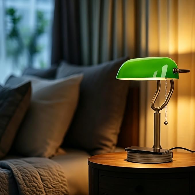 Green Glass Bankers Lamp, Antique lamp with USB Wireless Charging Port, Classic Pull Chain Switch Table lamp, for Home Office nightstand Bedside Study Desk Library