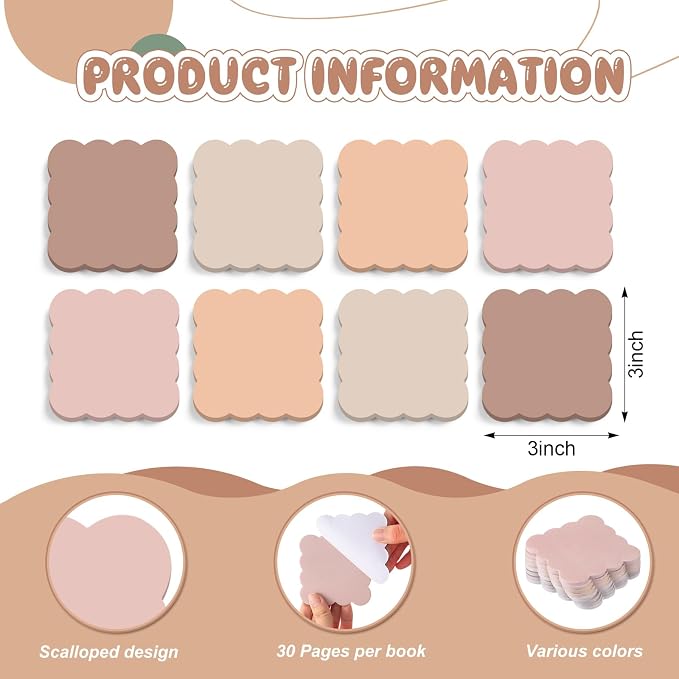 Eaasty 8 Pack Scalloped Sticky Notes Cute Adhesive Memo Pads Brown Colors Aesthetic Unlined Self Stick Note Pads 3" x 3" Pretty Wavy Sticky Notes Bulk 240 Sheets for School Office Supplies