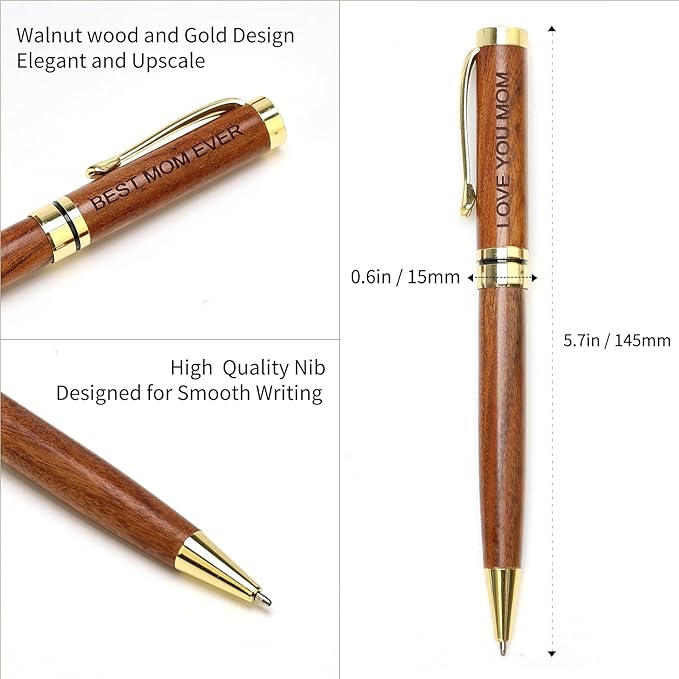 Renawe Cool Wooden Pens with Pen Box Gift for Mom Mother In Law Christmas Gifts for Mother's Day Gift Birthday Ideas Cute Engraved Pens Unique Presents for New Mom from Daughter Son