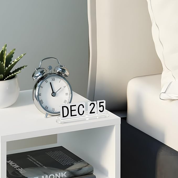 Mini Acrylic Perpetual Desk Calendar for Desk, Daily Desktop Calendar with Acrylic Month Date Large Display Blocks, Farmhouse Vintage Office Desk Accessory for Home Office Decor, Reusable Yearly