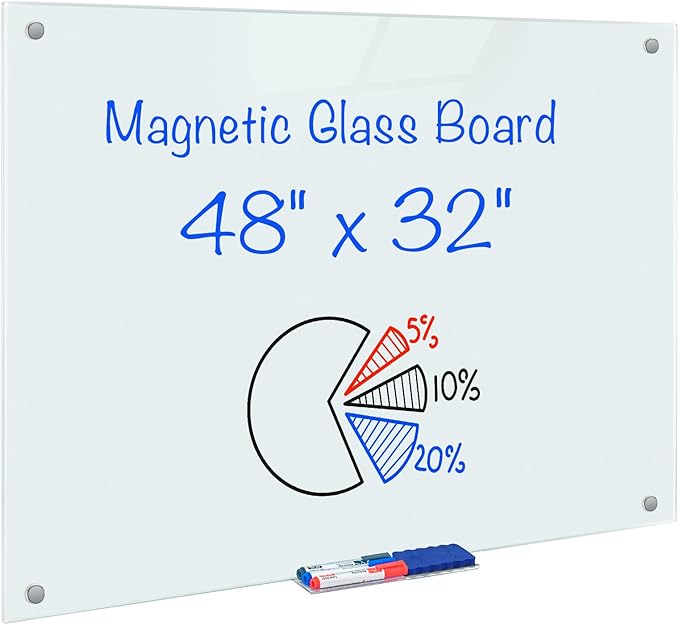 maxtek Magnetic Glass Dry Erase White Board, 48" x 32" Frameless Glass Board for Wall Mounted, Includes 6 Magnets, 3 Markers and 1 Eraser for Classroom Home, Office Supplies (White)