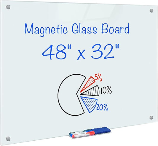maxtek Magnetic Glass Dry Erase White Board, 48" x 32" Frameless Glass Board for Wall Mounted, Includes 6 Magnets, 3 Markers and 1 Eraser for Classroom Home, Office Supplies (White)
