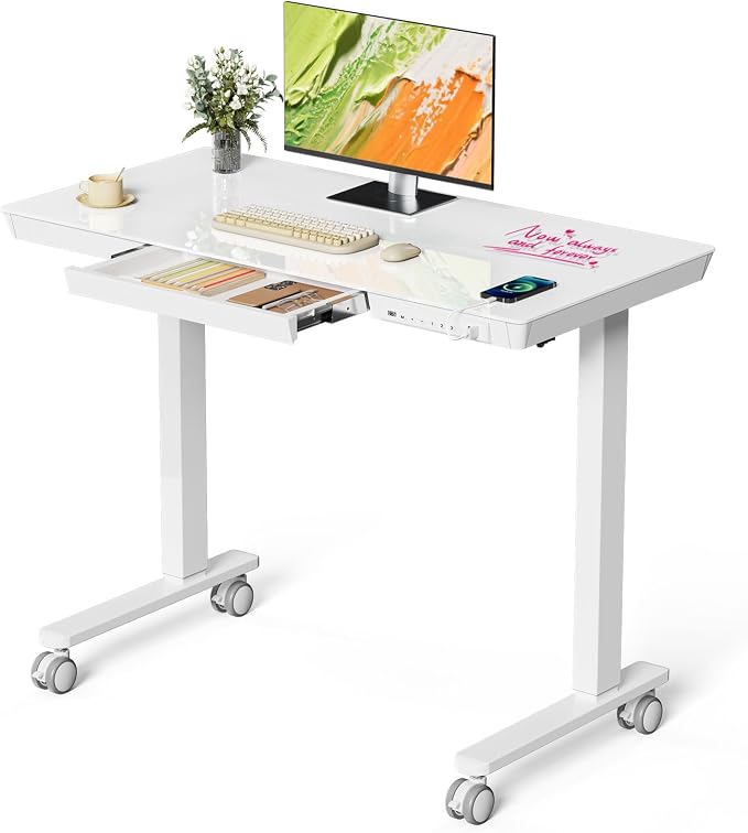 Glass Electric Standing Desk with Drawer, 40" x 20" Whole Piece Samll Sit Stand Table, Height Adjustable Desk with Storage & USB Ports, Quick Install Home Office Computer Desk, White