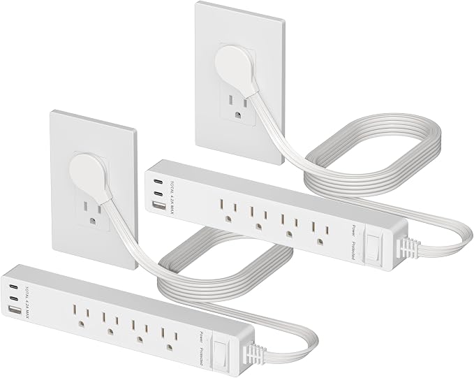 LIDER Outlet Extender with 4 Receptacles, USB-A & 2 USB-C, Ultra-Thin Flat-Plug, 4-Outlet Power Strip, Surge Protector 1500 Joules, 5ft Cord, 1250W, ETL Listed, Matte White, 2-Pack