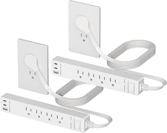 LIDER Outlet Extender with 4 Receptacles, USB-A & 2 USB-C, Ultra-Thin Flat-Plug, 4-Outlet Power Strip, Surge Protector 1500 Joules, 5ft Cord, 1250W, ETL Listed, Matte White, 2-Pack