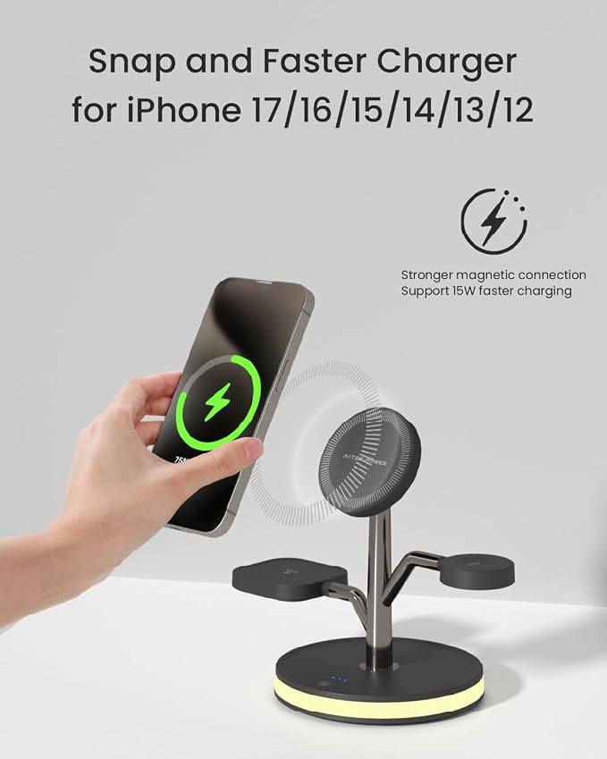 3 in 1 Wireless Charging Station for Apple Device,Fast Charging Tree-Shaped Stand with 20W Adapter,Qi-Certified Charger for iPhone 12-17 Series,Apple Watch,AirPods,Perfect for Office,Nightstand,Dorm