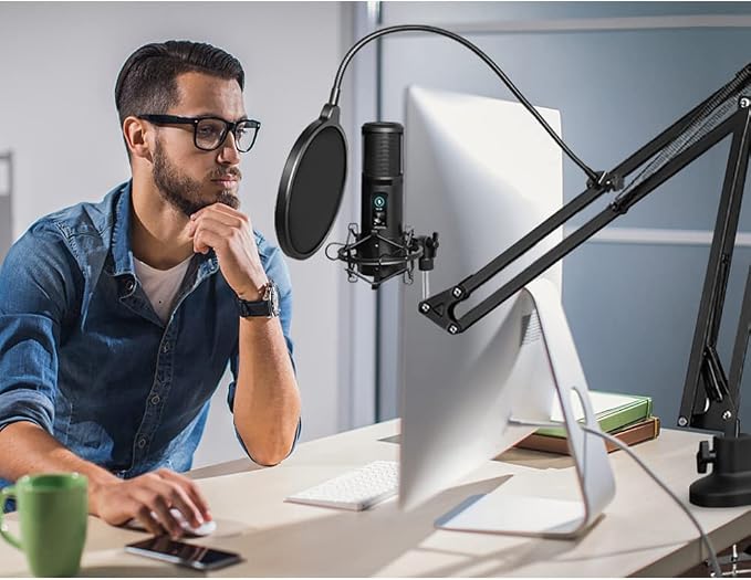 Boom Arm Suspension Mic Heavy Duty Microphone Arm for Blue Yeti, Hyperx Quadcast, Adjustable Boom Mic Stand Desk with Pop Filter, 1/4“-3/8“-5/8“ Adapter, Mic Mounts,Broadcast
