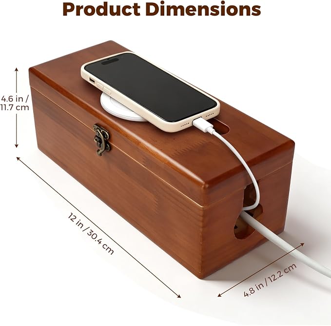 Cable Management Box with Latch, Soild Wood Cord Box with 4 Open Slots, Cable Box to Hide Cords and Power Strip