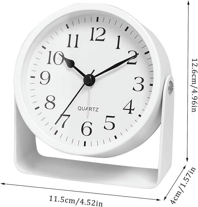 Analog Alarm Clock - 4.5" Silent Non Ticking Small Clock with Light, Rotatable Stand Metal Desk Clock Battery Operated, Simple Design for Living Room Decor/ Bedroom/Bedside/Shelf (White-Arabic)