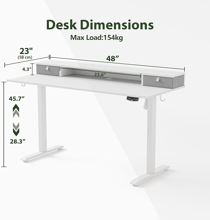 Agilestic 48 x 24 Inches Electric Standing Desk with 2 Storage Drawers, Adjustable Height Sit and Stand Computer Table with Splice Board, White