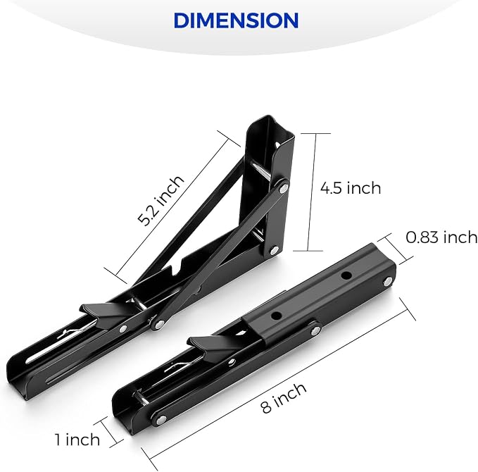 Ravinte 4 Pack 8 Inch Folding Shelf Brackets – Matte Black, Heavy Duty Collapsible Brackets for Tables and Benches – Space-Saving Design