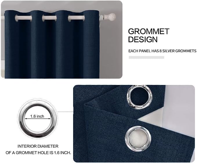 MIULEE 100% Blackout Linen Textured Curtains for Bedroom Solid Thermal Insulated Midnight Blue Grommet Room Darkening Curtains & Drapes Luxury Decor for Living Room 52 x 84 Inch (2 Panels)
