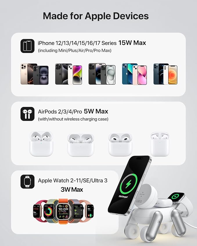 3 in 1 Wireless Charging Station for Apple Devices,Foldable Cute Magnetic Mag-Safe Wireless Charger Stand with Night Light for iPhone 17 Air 16 15 14 13 12 Series,AirPods 4 3 2 Pro,Apple Watch