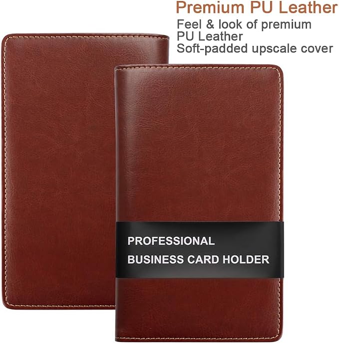 Sooez Leather Professional Business Card Book Holder Organizer, 240 Capacity Credit Card Booklet, PU Name Cards Holder Storage File for Men Women, 7.7"x 4.5" x 0.7", Brown