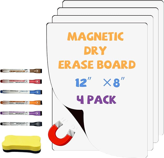 Magnetic Whiteboard for Fridge White Board 12"X8" 4 Pack Magnetic Dry Erase Board with 6 Markers & 1 Eraser Home Kitchen Blank Fridge Magnets Small Whiteboard for Organizer and Planner