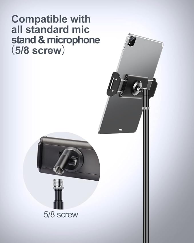 elitehood Aluminum iPad Holder for Mic Stand, Side Mount iPad Music Stand Holder for Microphone, 360° Swivel Tilt Adjustable Mic Tablet Mount for 4-13in iPhone, Cell Phones and Tablets