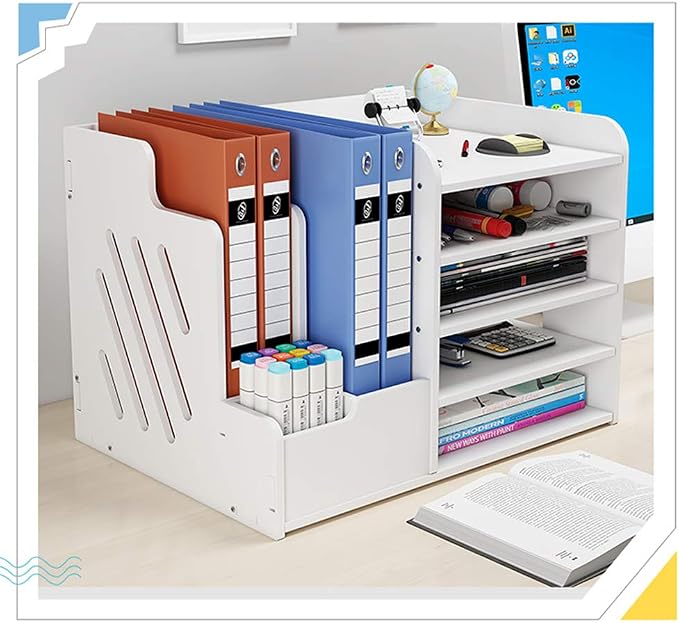 White Desktop Organizer, Multipurpose Desk Document File Tray Organizer Storage Display Shelf Rack for Home Office School(PB07-3)