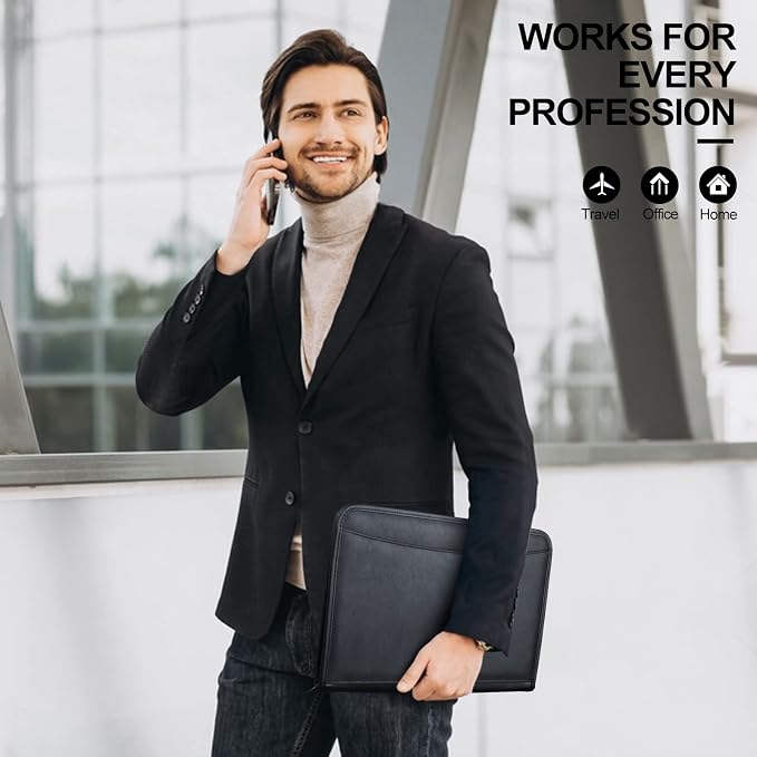 Zippered Padfolio Portfolio Binder, Leather Business Portfolio, & 8.5 x 11 Legal Pad, Office Supplies Organizer, Black Zippered Pocket, Planners, Resume, Briefcase for Travel and Interview