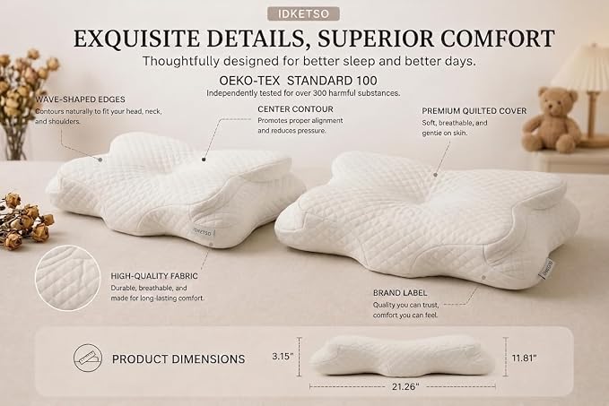 2 Pack Memory Foam Pillows, Kids Cervical Pillow for Neck Support, Ergonomic Memory Foam Pillow Set, Washable Contour Kids Pillow for Siblings Daycare and Sleeping, Ages 3-12 Years Old