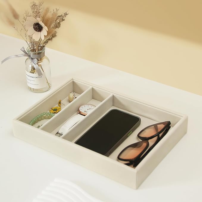 Bedside Organizer - Multi-use Nightstand & Desk-top Catchall Tray for Jewelry, Sunglasses, Phone, Watch, Perfume, Lipstick (Beige 3Grid)