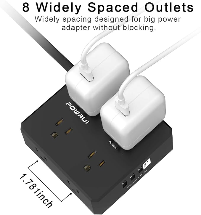 Surge Protector Power Strip - 10 Ft Flat Plug Extension Cord with 8 Widely Outlets and 4 USB Ports(1 USB C), 3 Side Outlet Extender for Home Office, Black, ETL Listed