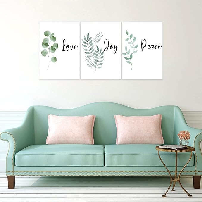 3 Piece Inspirational Wall Art, White Plants Background Picture, Quotes "Love Joy Peace" Canvas Print for Bedroom Decor, Triptych Entrepreneur Painting Framed Artwork for Gym Wall Decor (36"Wx24" H)