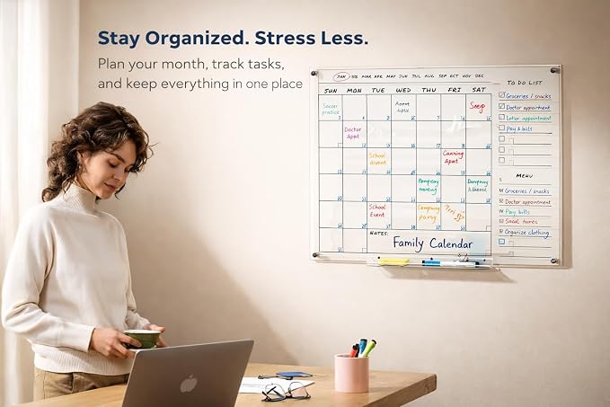 Large 28x20 Acrylic Wall Calendar – Clear Dry Erase Monthly Planner for Wall – Family Command Center for Home, Office & Kitchen – Reusable Acrylic Calendar with Markers & Accessories