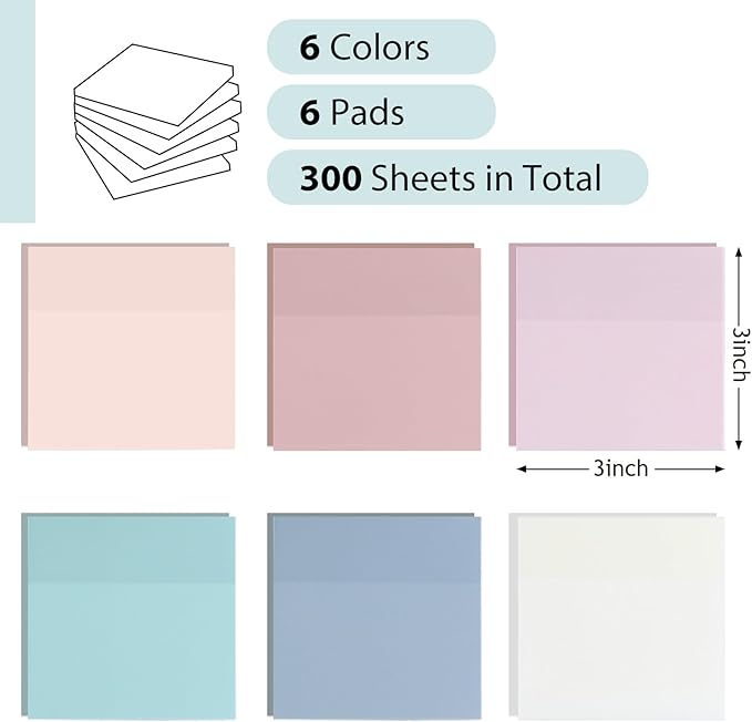 Transparent Sticky Notes - Pastel Color Clear Sticky Notes, 3x3 inch, Waterproof, 300 Sheets for College, School & Office