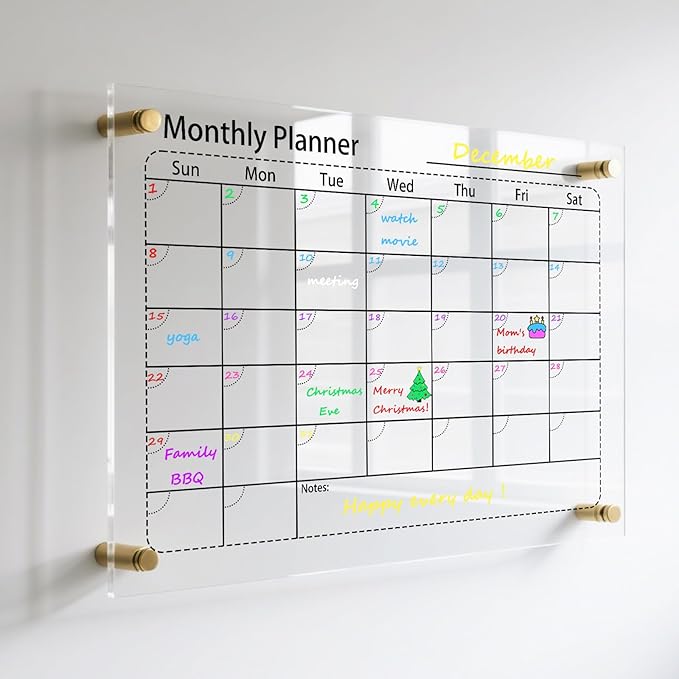 IJIJIJ- 17×13” Clear Acrylic Calendar for Wall, Acrylic Wall Calendar Dry Erase Board, Reusable Monthly Whiteboard, Family Planner for Wall with 8-Color Markers, Perfect for Home, Office & Classroom