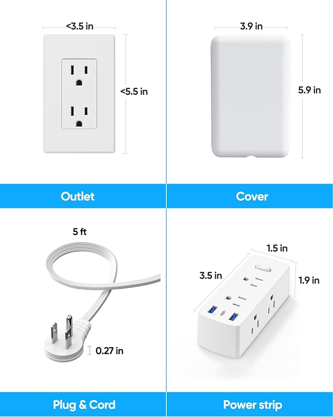 Olcorife Flat Extension Cord with Outlet Cover, Flat Plug Power Strip with 6 Outlets and 3 USB Ports, 5 FT Cord Hidden Outlet Extender for Tight Spaces, Pack of 2