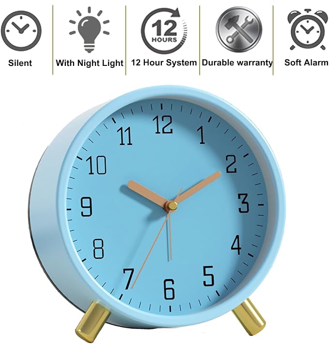 SHISEDECO Small Analog Alarm Clock, Battery Operated Desk Clock, Blue | Bedside Analog Non-Ticking Silent Small Deskclock Battery Operated for Living Room, Bedroom, Office