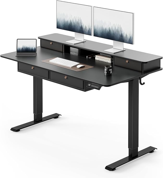 FEZIBO 48 x 24 inch Standing Desk with Drawers, Height Adjustable Electric Workstation, Computer Sit Stand Up Table with Large Storage Shelf 4 Drawers and 2 Hooks, Black | Height Adjustable Workstation, Computer Sit Stand Up Office Table with Large Sto...