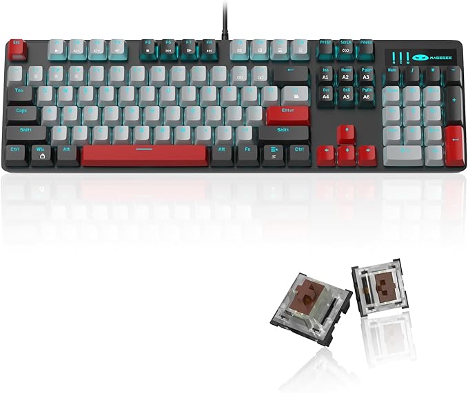 MageGee Mechanical Gaming Keyboard, 104 Keys Blue Backlit Keyboards with Brown Switches & Double-Shot Keycaps, USB Wired Mechanical Computer Keyboard for Laptop, Desktop, PC Gamers (Black & Gray)