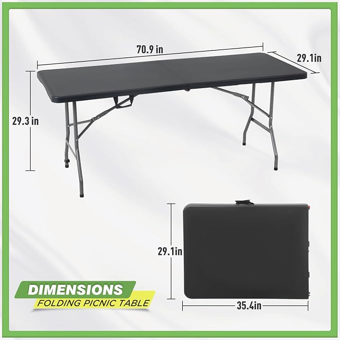 BestOffice Outdoor 6 FT Folding Camping Table Plastic Table Portable Square Height Dining Table Perfect for Picnics, Parties, Party and Camping, Black