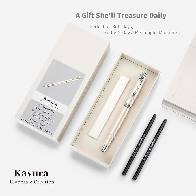 Four-Leaf Clover & Pearl Rollerball Pen – Elegant Brass Pen Gift Set for Women, Jewelry-Inspired Design, Glossy Finish, German Refill, Good Luck Gift for Her, New Job & Graduation (Pearl White)