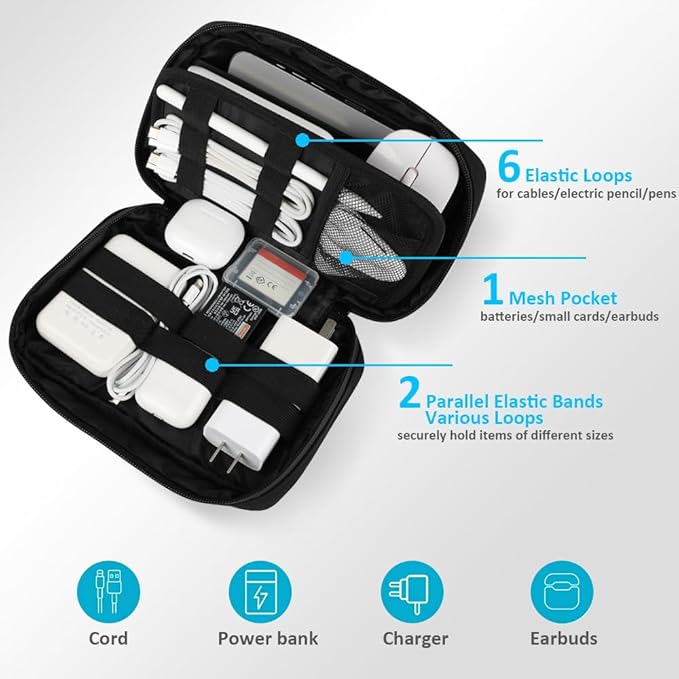 GOX Cable Organizer Travel Bag, Water Resistant Electronic Accessories Case, All-in-One Tech Storage Pouch for Chargers, Cords, Batteries,Phone, Hard Drive & Power Bank, Black