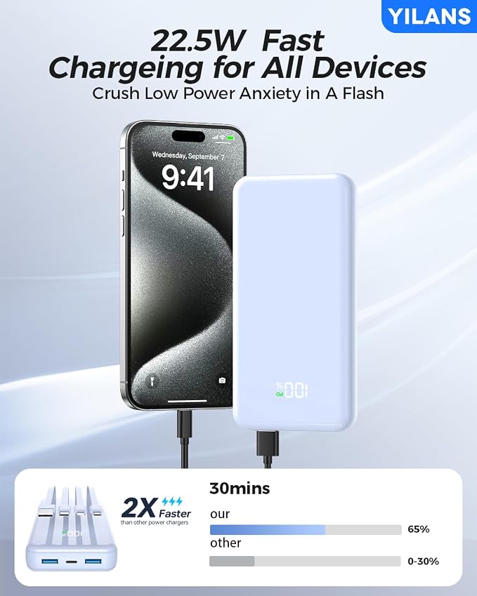 Portable Charger,50000mAh Power Bank Built-in Cable, 22.5W PD USB C In & Out Fast Charging, External Battery Pack with 6 Output & 2 Input, Travel Phone Charger for iPhone 17/16/15/14/13/12(Azure)