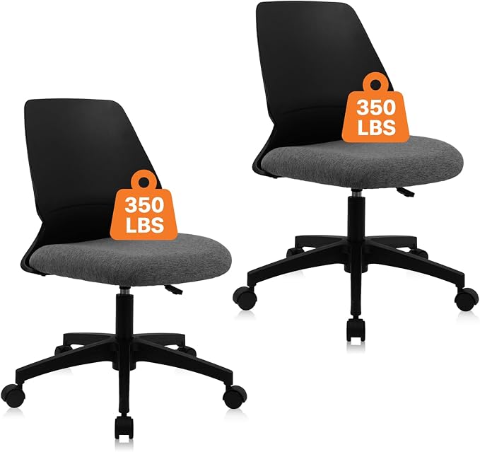 CLATINA Armless Home Office Chair, Ergonomic Small Desk Chair with Wheels and Soft Thick Upholstered Cushion, Comfy Adjustable Height Swivel Computer Task Chair for Conference Waiting, Black, 2Pack
