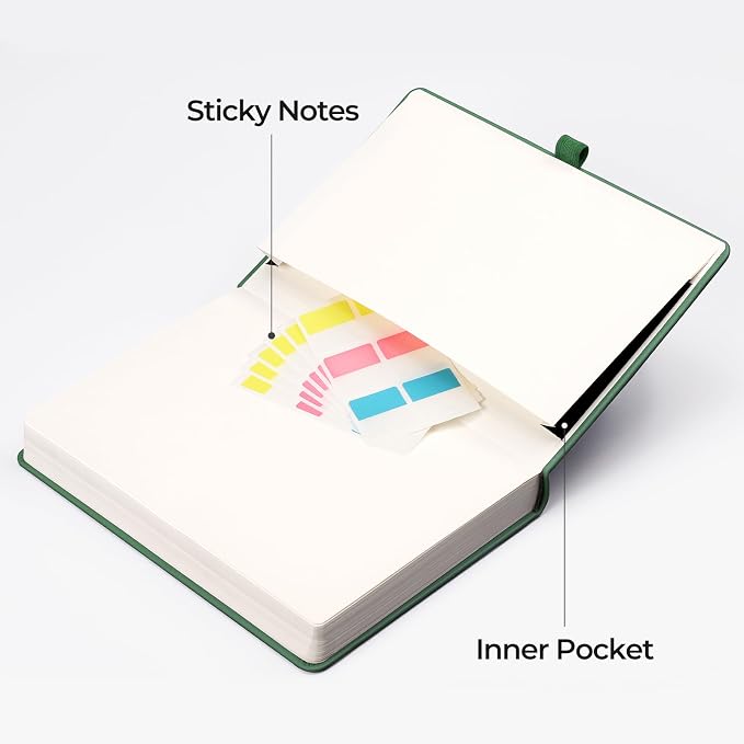 EMSHOI A5 College Ruled Notebook, 320 Numbered Pages 100GSM Ink-Proof Faux Leather Hardcover Lay-Flat Lined Journal for Work Office School Writing, SUN Design, Small 5.75" x 8.38", Dark Green