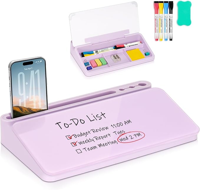 WALGLASS Small Desktop Whiteboard with Storage, Glass Desk Dry Erase White Board Computer Keyboard Stand with Drawer, Desk Organizers with Accessories for Office, Home, School Supplies Purple