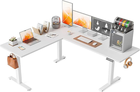 FEZIBO 75" x 63" L-Shaped Standing Desk - Adjustable Corner Desk L Shape, L-Shaped Adjustable Desk with Splice Board, L Shape Standing Desk, White