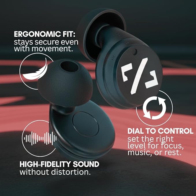 BLOCKNOISE Adjustable High-Fidelity Ear Plugs for Concerts, Focus & Travel - 3 Noise Relief Modes (18-27 dB) - Reusable Silicone Earplugs with Volume Dial & Neck Cord (4 Custom Fit Sizes)