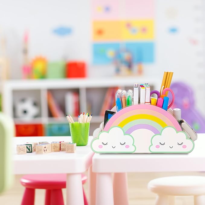 Kids Desk Organizer Pencil Holder Desk Accessories Caddy for Homeschool | Rainbow Acrylic Pen Holder Caddy for Classroom Office Desktop Storage Art Supplies Organizer Back to School Birthday Gifts