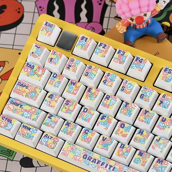 White & Yellow Keycaps - Cherry Profile 5-Sided Dye-Sublimation Graffiti Style Keycap Set 130 Keys for 60%/65%/75%/80%/100% Mechanical Keyboard